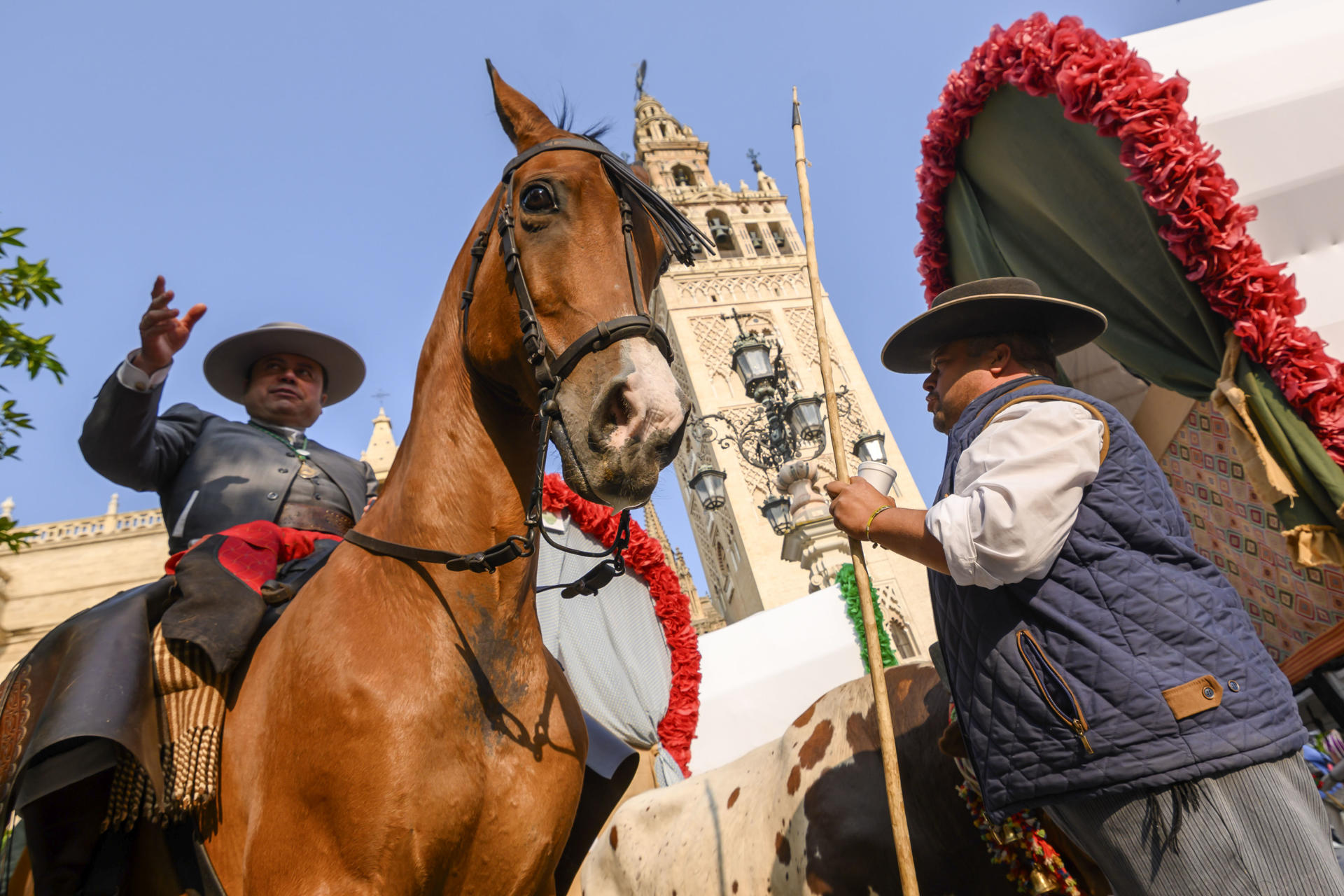 El paso del Simpecado de la Hermandad del Rocío de Sevilla-El Salvador, que parte de Sevilla en peregrinación a la ermita del Rocío, en la localida de Almonte (Huelva) . EFE/ Raúl Caro