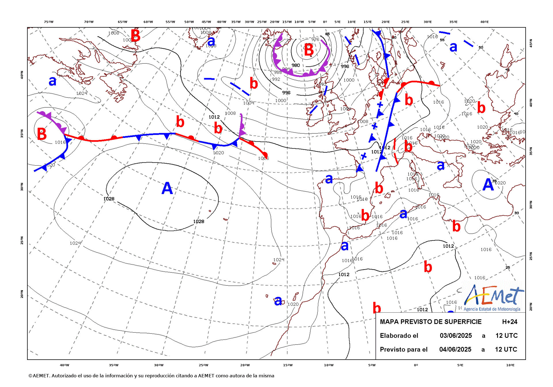 Mapa de isobaras facilitado por la Aemet, elaborado el 03/06/2025 y previsto para el 04/06/2025. EFE/Aemet SOLO USO EDITORIAL/SOLO DISPONIBLE PARA ILUSTRAR LA NOTICIA QUE ACOMPAÑA (CRÉDITO OBLIGATORIO)