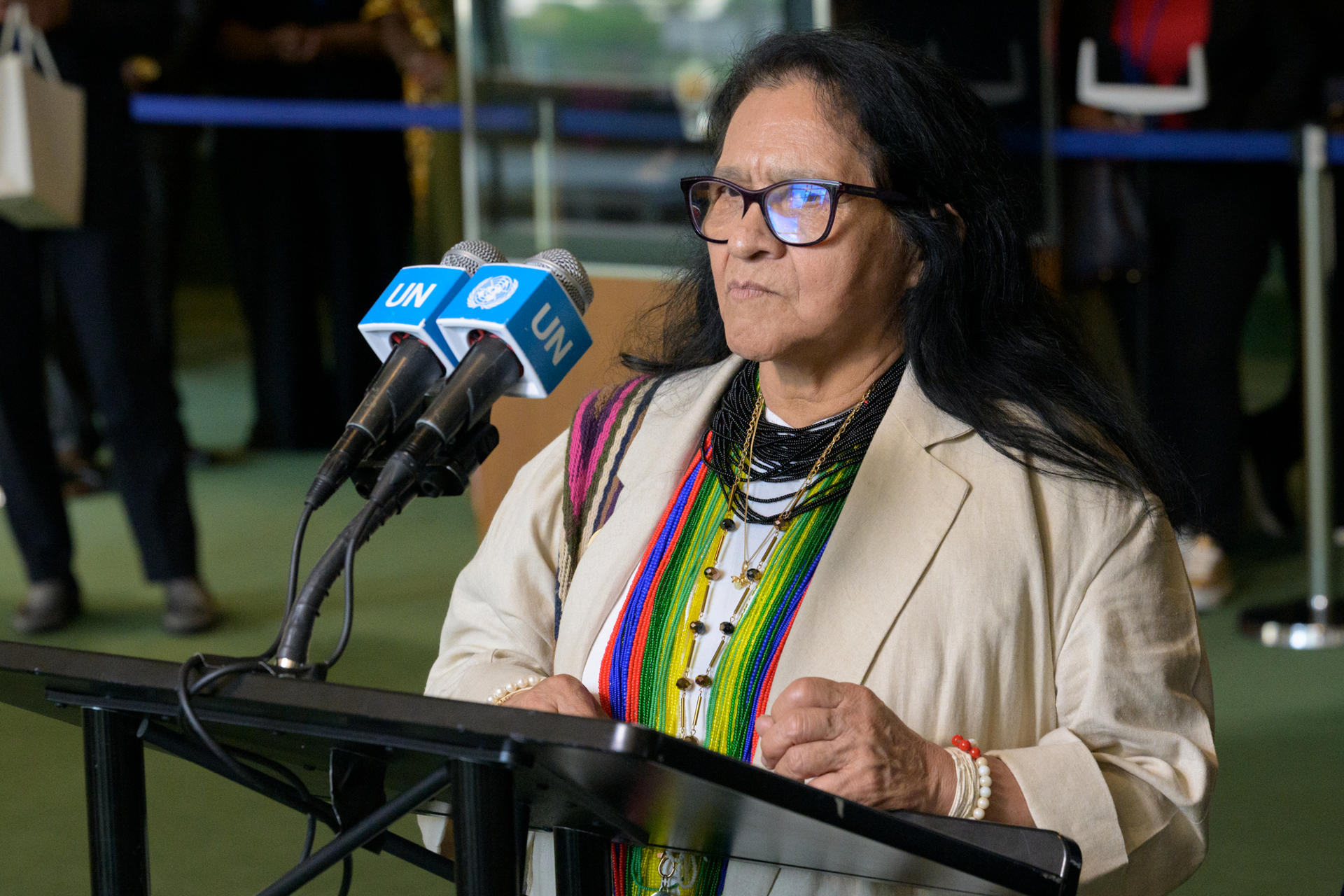 Fotografía cedida por la ONU de la representante permanente de Colombia, Leonor Zalabata Torres, durante una rueda de prensa este martes en la Asamblea General de la ONU en Nueva York (Estados Unidos). EFE/ Manuel Elías/ ONU