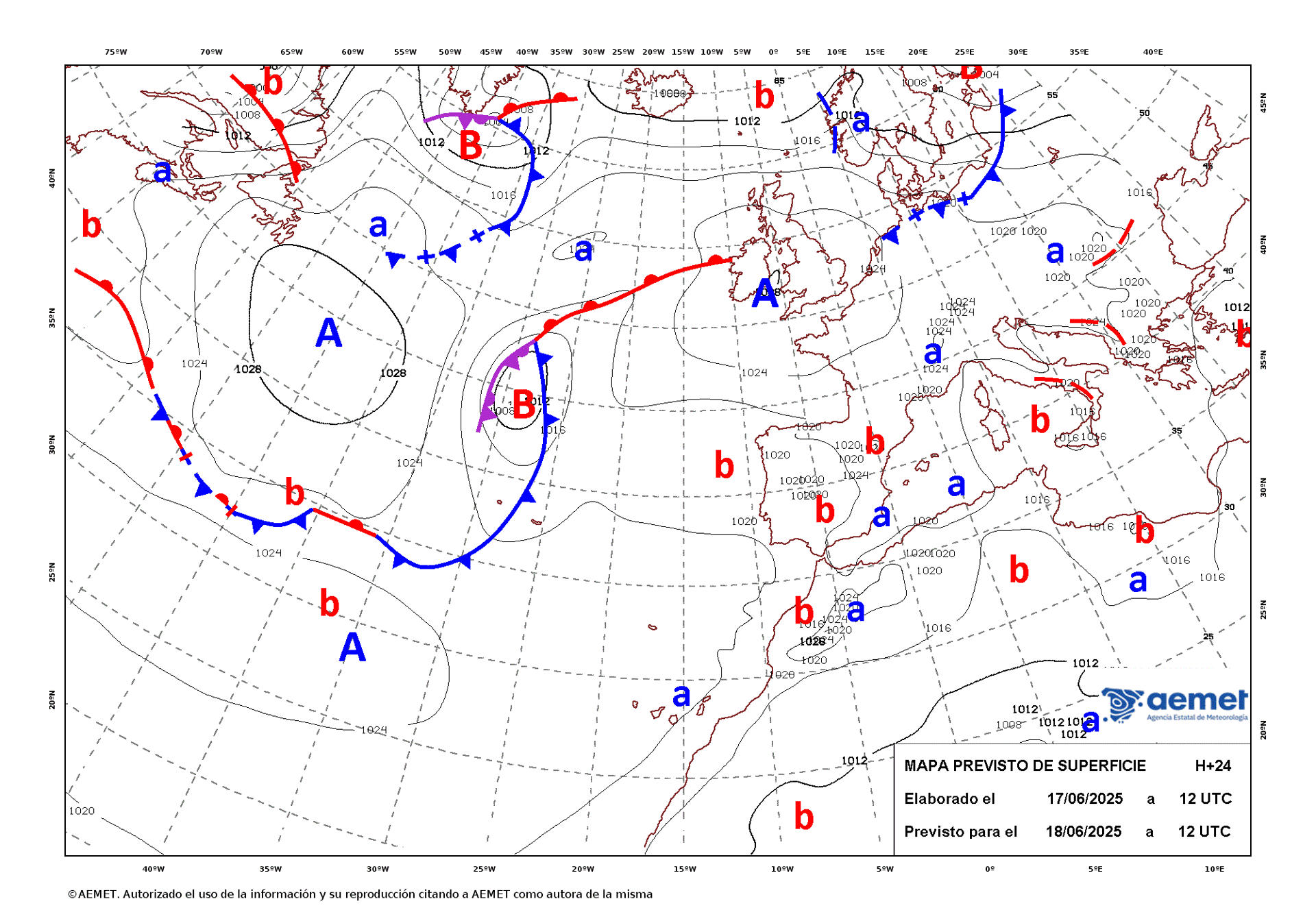 Mapa de isobaras facilitado por la Aemet el 17/06/2025 previsto para el 18/06/2025. EFE/SOLO USO EDITORIAL/SOLO DISPONIBLE PARA ILUSTRAR LA NOTICIA QUE ACOMPAÑA (CRÉDITO OBLIGATORIO)