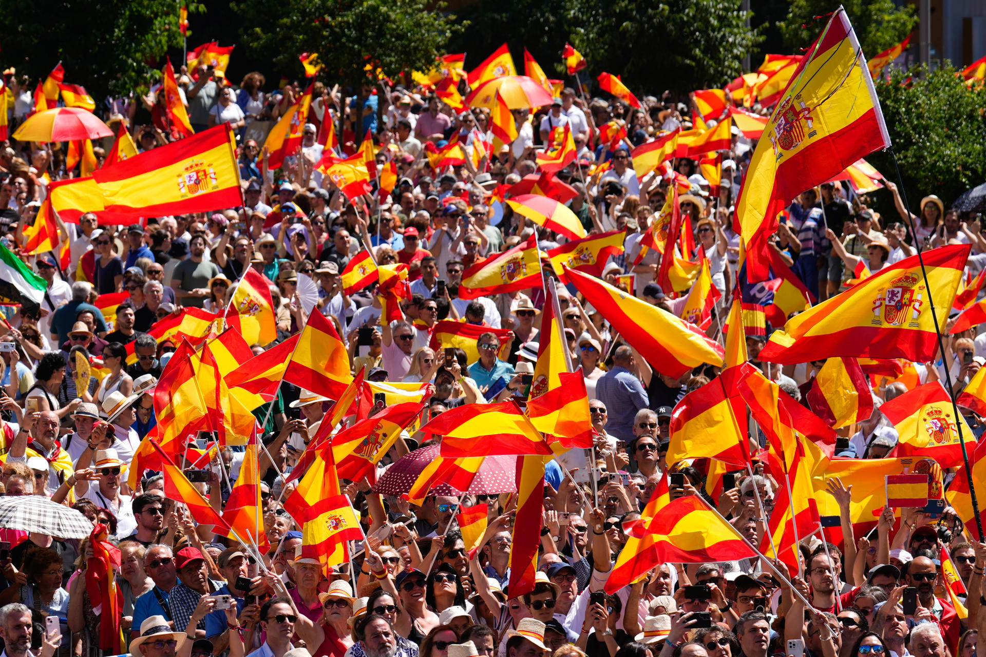 Asistentes a la concentración convocada por el Partido Popular contra el Gobierno de Pedro Sánchez bajo el lema 'Democracia o mafia' este domingo en la plaza de España de Madrid. EFE/Borja Sanchez-Trillo