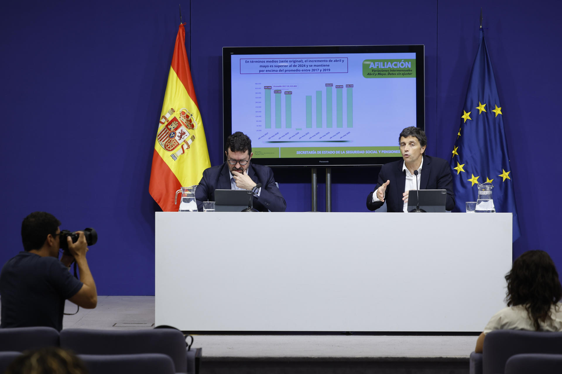 MADRID, 03/06/2025.- El secretario de Estado de trabajo y Economía Social, Joaquín Rey (i), y su homólogo de Seguridad Social y Pensiones, Borja Suárez, en rueda de prensa. EFE/ Mariscal