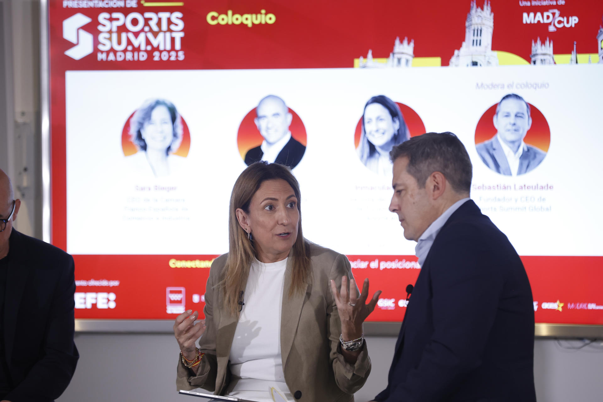Inmaculada Benito, directora del Departamento de Turismo, Cultura y Deportes de CEOE, durante la presentación del "Sports Summit Madrid 2025" en la sede de la Agencia EFE en Madrid. EFE/David Fernández