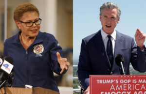 Combo de fotografías de archivo de la alcaldesa de Los Ángeles, Karen Bass (i) y el gobernador de California, Gavin Newsom. EFE/ARCHIVO