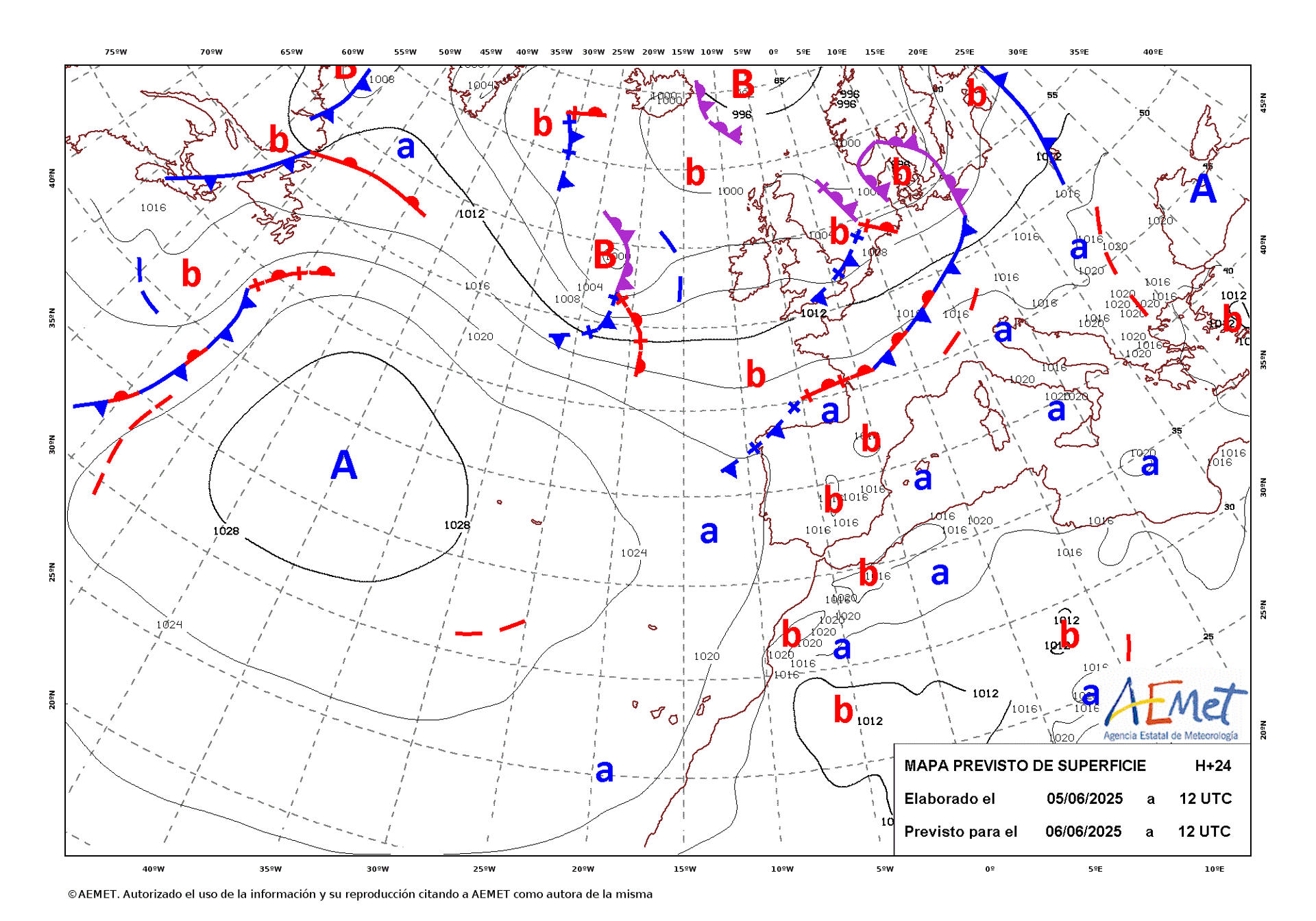 Mapa de isobaras facilitado por la Aemet, elaborado el 05/06/2025 y previsto para el 06/06/2025. EFE/Aemet SOLO USO EDITORIAL/SOLO DISPONIBLE PARA ILUSTRAR LA NOTICIA QUE ACOMPAÑA (CRÉDITO OBLIGATORIO)