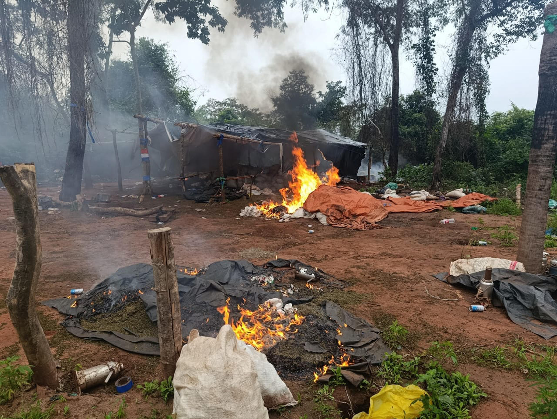 Fotografía cedida por la Secretaría Nacional Antidrogas de Paraguay (Senad) de la destrucción de doce toneladas de marihuana prensada este viernes, en Karapaí (Paraguay). EFE/ Secretaría Nacional Antidrogas de Paraguay