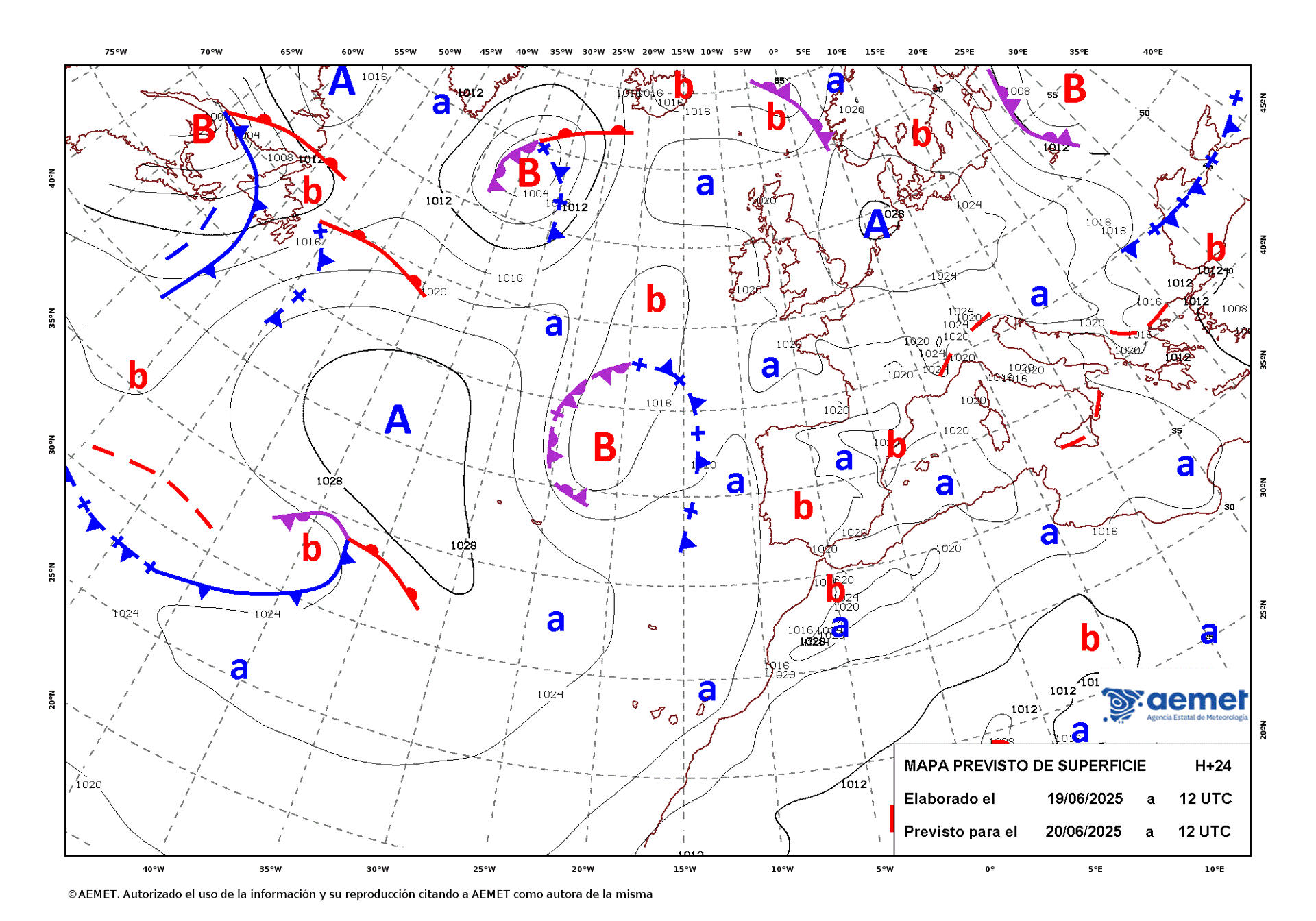 Mapa de isobaras facilitado por la Aemet el 19/06/2025 previsto para el 20/06/2025. EFE/SOLO USO EDITORIAL/SOLO DISPONIBLE PARA ILUSTRAR LA NOTICIA QUE ACOMPAÑA (CRÉDITO OBLIGATORIO)