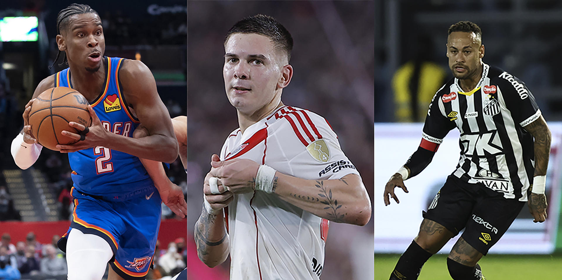 Combo de fotografías de archivo que muestra de izquierda a derecha, al basquetbolista Shai-Gilgeous Alexander de Oklahoma City Thunder, a los futbolistas Franco Mastantuono de River Plate y Neymar del Santos. EFE/Archivo