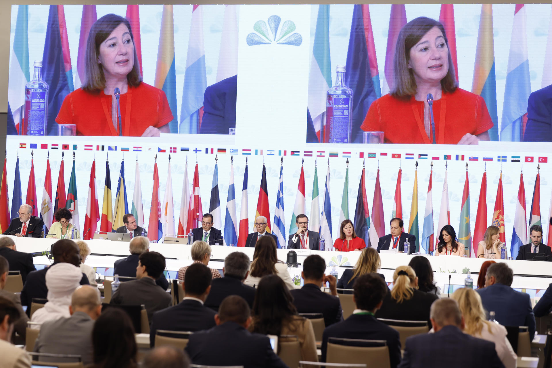 La presidenta del Congreso de los Diputados, Francina Armengol, durante su intervención en la inauguración de la novena cumbre de Presidentes de la Asamblea Parlamentaria de la Unión por el Mediterráneo, este jueves en Málaga. EFE/Jorge Zapata