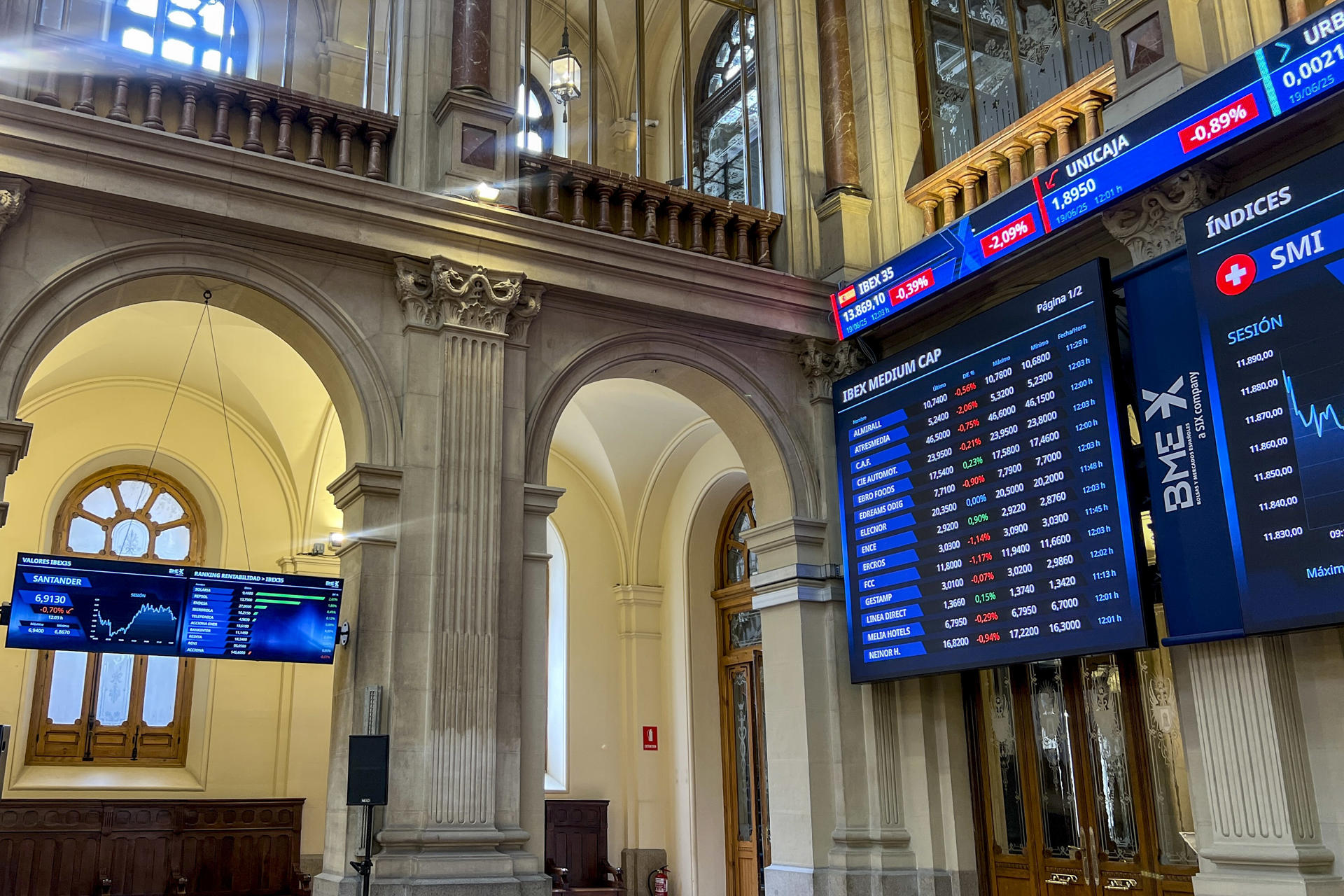 La Bolsa española ha bajado el 1,28 % este jueves y continúa en niveles de mediados de mayo, al situarse por debajo de 13.800 puntos con las plazas europeas en pérdidas.  Con Wall Street cerrado por festivo, el principal indicador del mercado nacional, el IBEX 35, ha perdido 178,3 puntos, ese 1,28 %, hasta 13.744,9 puntos. En el año gana todavía el 18,54 %. EFE/ Altea Tejido