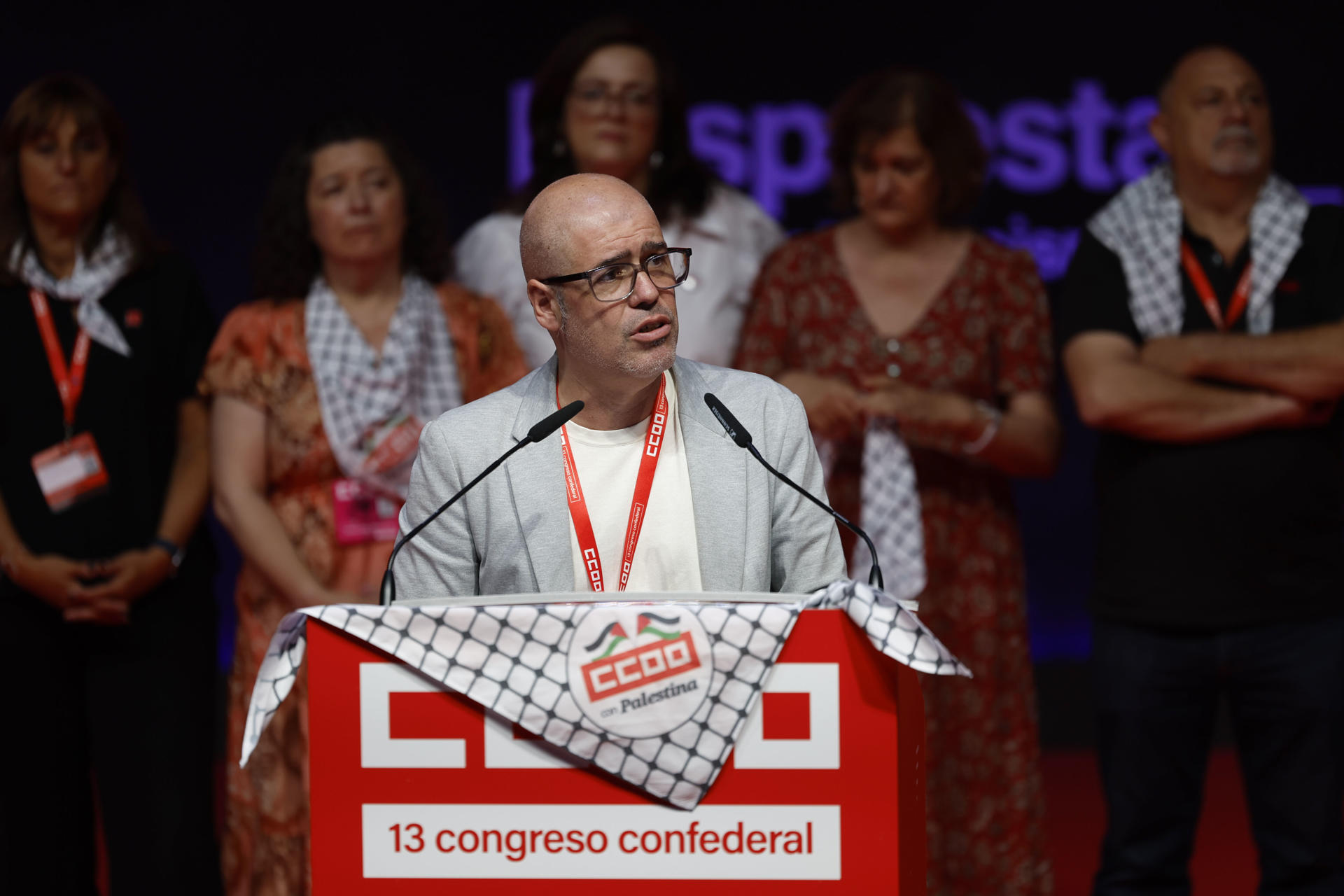 MADRID, 21/06/2025.- El secretario general de CCOO, Unai Sordo interviene en el acto de clausura del XIII Congreso Confederal de CCOO, este sábado en Madrid. EFE/Mariscal
