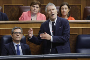 El  ministro del Intrior, Fernando Grande Marlaska, durante su intervención en la sesión de control al Gobierno este miércoles en el Congreso. EFE/ Juan Carlos Hidalgo