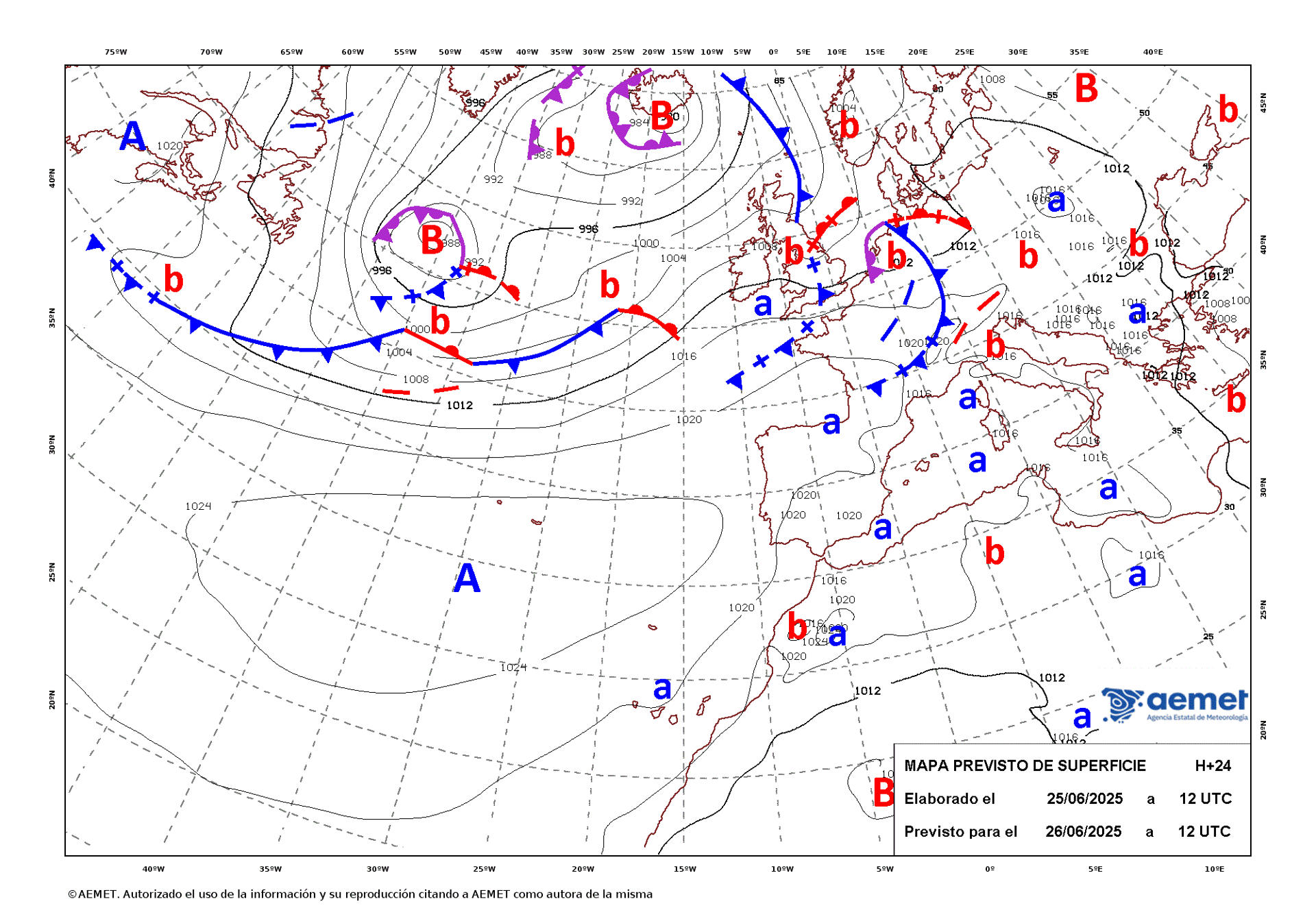 Mapa de isobaras elaborado por la Aemet el 25/06/2025 previsto para el 26/06/2025. EFE/Aemet/SOLO USO EDITORIAL/SOLO DISPONIBLE PARA ILUSTRAR LA NOTICIA QUE ACOMPAÑA (CRÉDITO OBLIGATORIO)