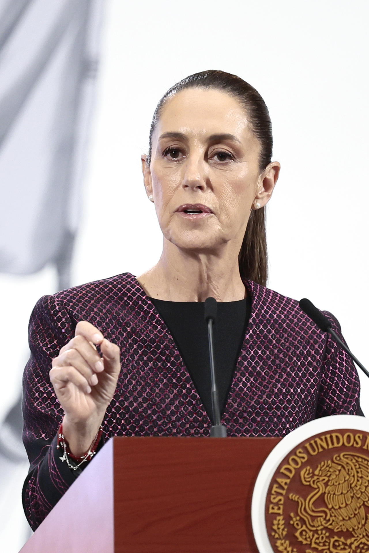 La presidenta de México, Claudia Sheinbaum, habla durante una rueda de prensa este miércoles, en el Palacio Nacional, en Ciudad de México (México). EFE/ José Méndez