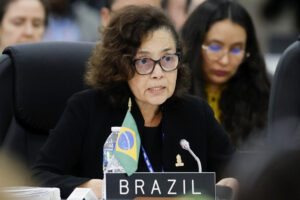 La secretaria General de Asuntos Exteriores de Brasil, Maria Laura da Rocha, habla durante la 55ª Asamblea General de la OEA este jueves, en Saint John’s (Antigua y Barbuda). EFE/ Bienvenido Velasco