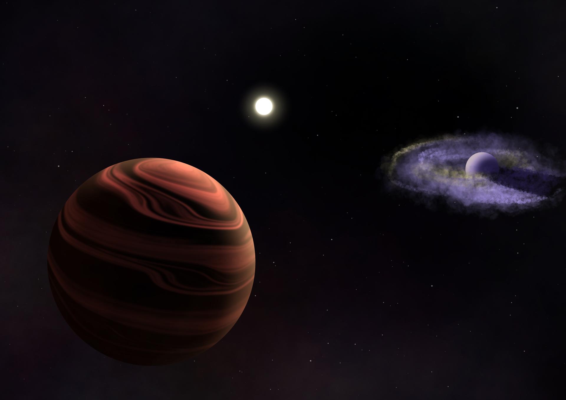 Representación artística del sistema YSES-1, compuesto por una estrella similar al Sol de aproximadamente 16 millones de años en el centro, YSES-1 b y su disco circumplanetario polvoriento (derecha), y YSES-1 c con nubes de silicato en su atmósfera (izquierda). Crédito: Ellis Bogat.