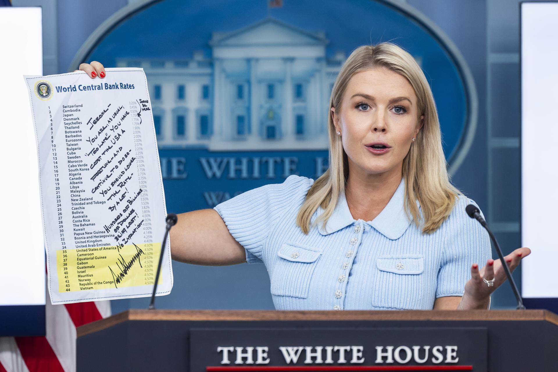 La portavoz del Gobierno estadounidense, Karoline Leavitt, durante su rueda de prensa diaria, en la Casa Blanca, en Washington DC (EE.UU.) EFE/Jim Lo Scalzo