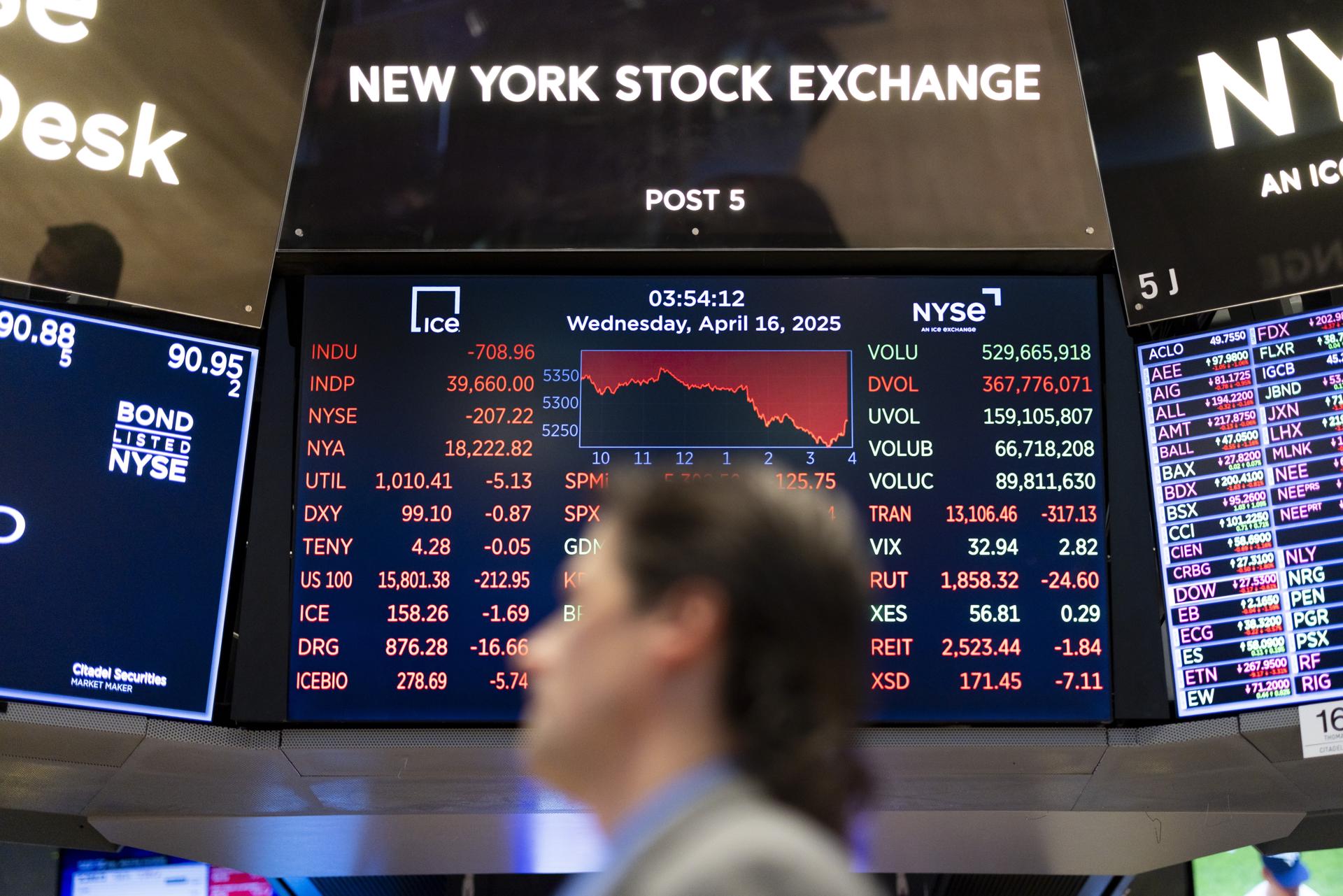 Fotografía de archivo de un comerciante en la Bolsa de Valores de Nueva York, Nueva York, EE. UU., el 16 de abril de 2025. EFE/EPA/Justin Lane