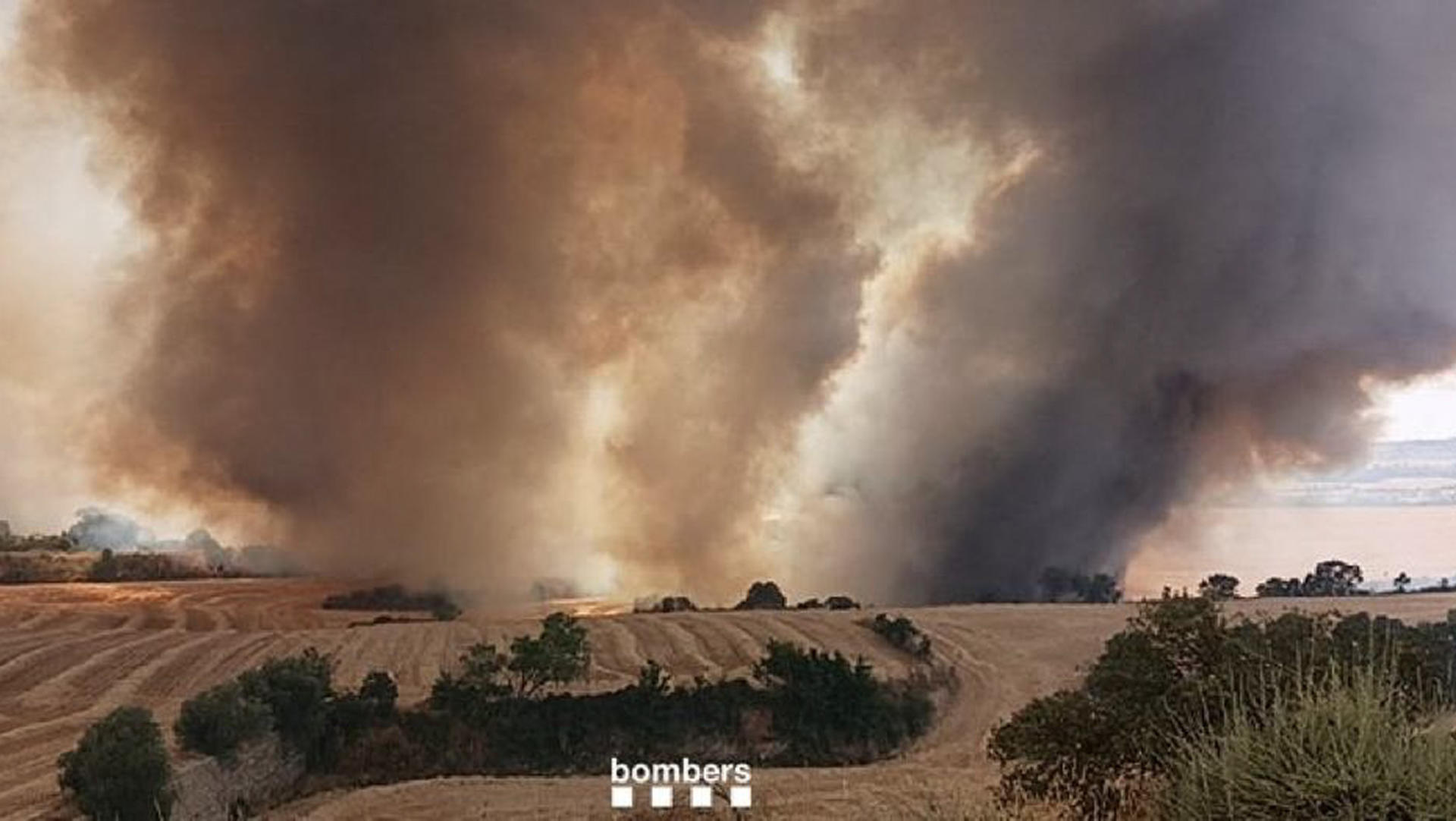 El incendio de un vehículo que se encontraba junto a un campo sin segar ha desatado este sábado un fuego que ha afectado a unas 45 hectáreas de vegetación agrícola en el municipio leridano de Granyena de Segarra (Lleida). La Generalitat ha enviado una alerta a los teléfonos móviles de los vecinos de Cervera (Lleida) para ordenar su confinamiento preventivo por el incendio en el cercano municipio de Granyena de Segarra. EFE/Bomberscat -SOLO USO EDITORIAL/SOLO DISPONIBLE PARA ILUSTRAR LA NOTICIA QUE ACOMPAÑA (CRÉDITO OBLIGATORIO)-
