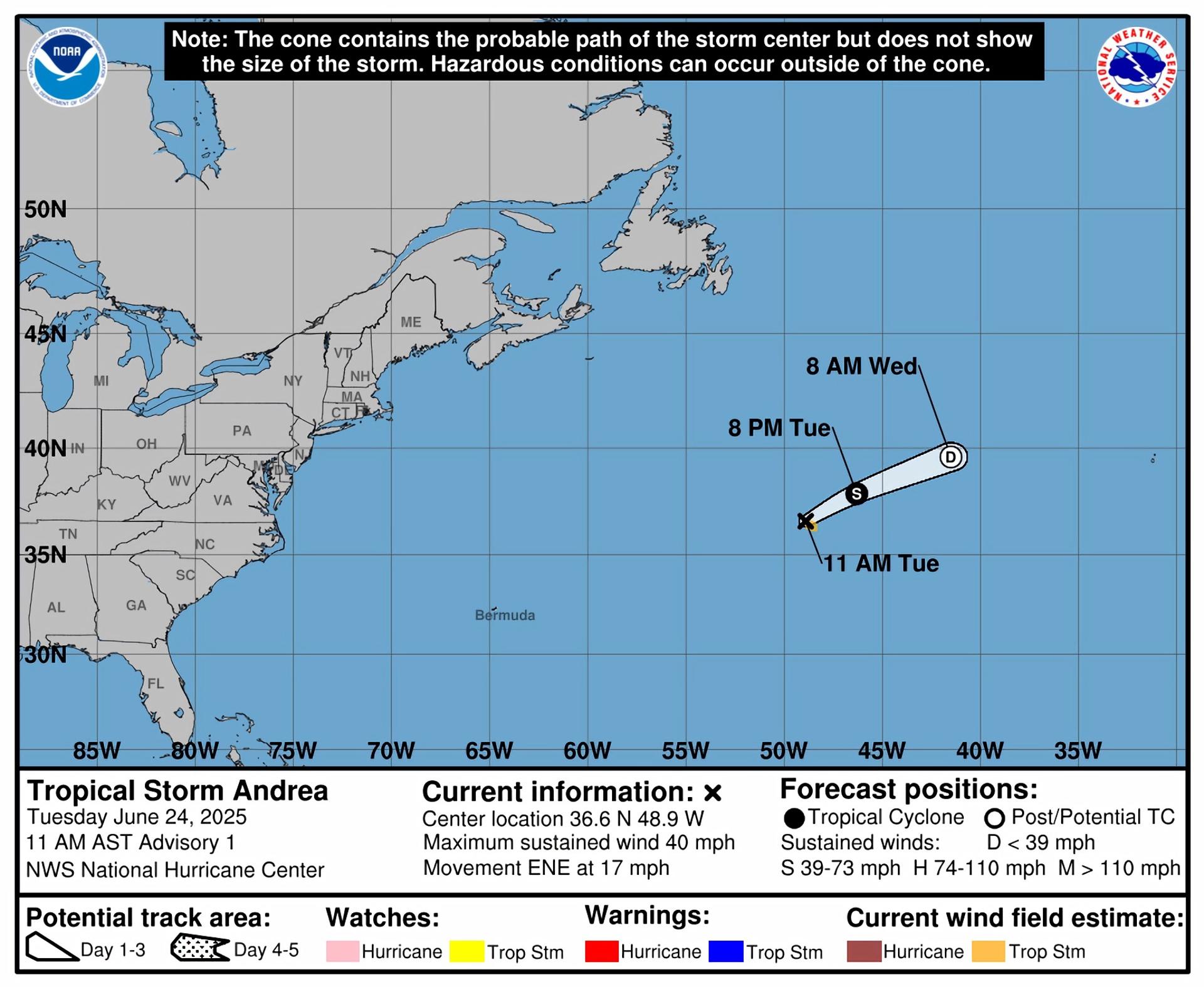 Imagen cedida este martes por la Oficina Nacional de Administración Oceánica y Atmosférica de Estados Unidos (NOAA), a través del Centro Nacional de Huracanes (NHC), del pronóstico de dos días de la tormenta tropical Andrea por su paso por el Atlántico. EFE/NOAA-NHC