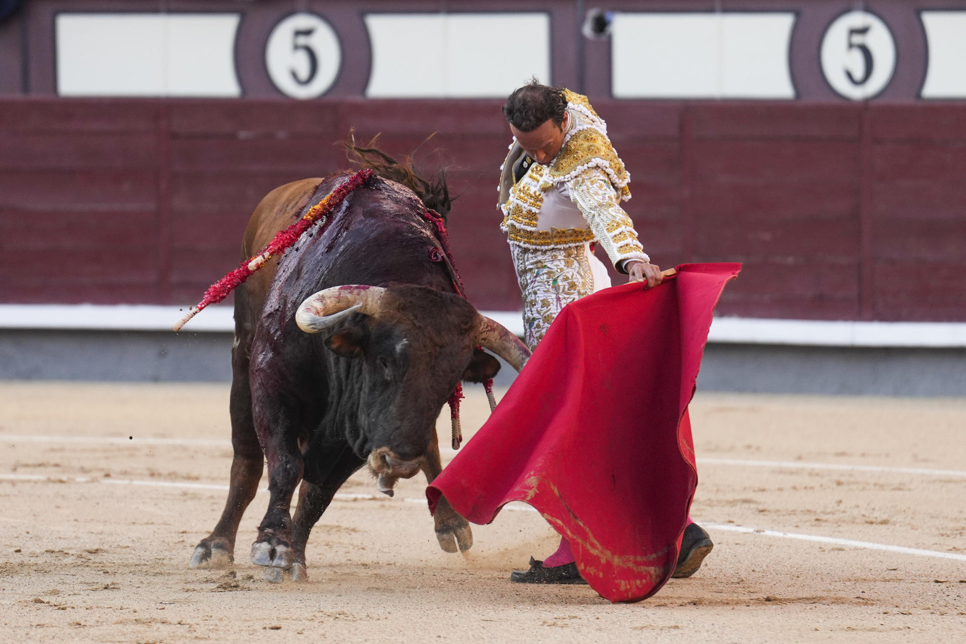 El diestro Antonio Ferrera en la faena a su segundo toro en el festejo taurino de la feria de San Isidro que se celebra este sábado en la Monumental de Las Ventas, en Madrid, con toros de Adolfo Martín para los diestros Antonio Ferrera, Fernando Robleño y Manuel Escribano. EFE/ Borja Sanchez-Trillo