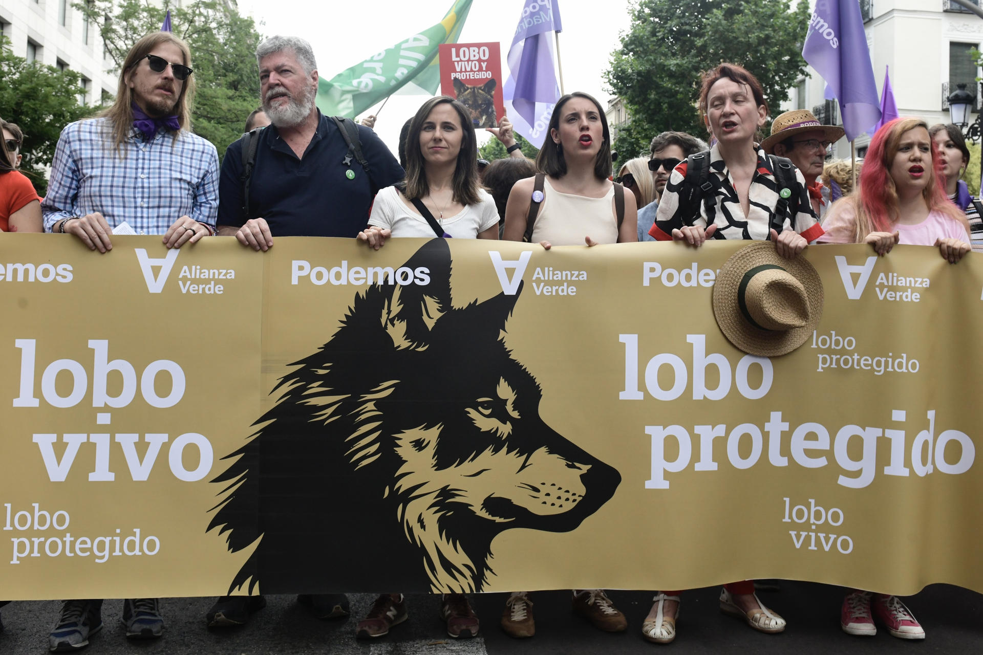 FOTODELDIA MADRID, 22/06/2025.- Los militantes de Podemos Pablo Fernández, Ione Belarra e Irene Montero, entre otros, durante la manifestación bajo el lema 'Lobo vivo y protegido', celebrada este domingo en Madrid. Más de medio centenar de organizaciones ecologistas han convocado para este domingo una manifestación en Madrid bajo el lema 'Lobo vivo y protegido'. Con esta protesta quieren denunciar lo que consideran "un retroceso sin precedentes en las políticas de conservación" ante el nuevo escenario legal, que permite su control poblacional, y exigir mayor protección del lobo ibérico. EFE/Víctor Lerena