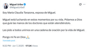 Imagen tomada de la cuenta oficial de la red social X del senador colombiano Miguel Uribe Turbay (@MiguelUribeT) EFE/ @migueluribet