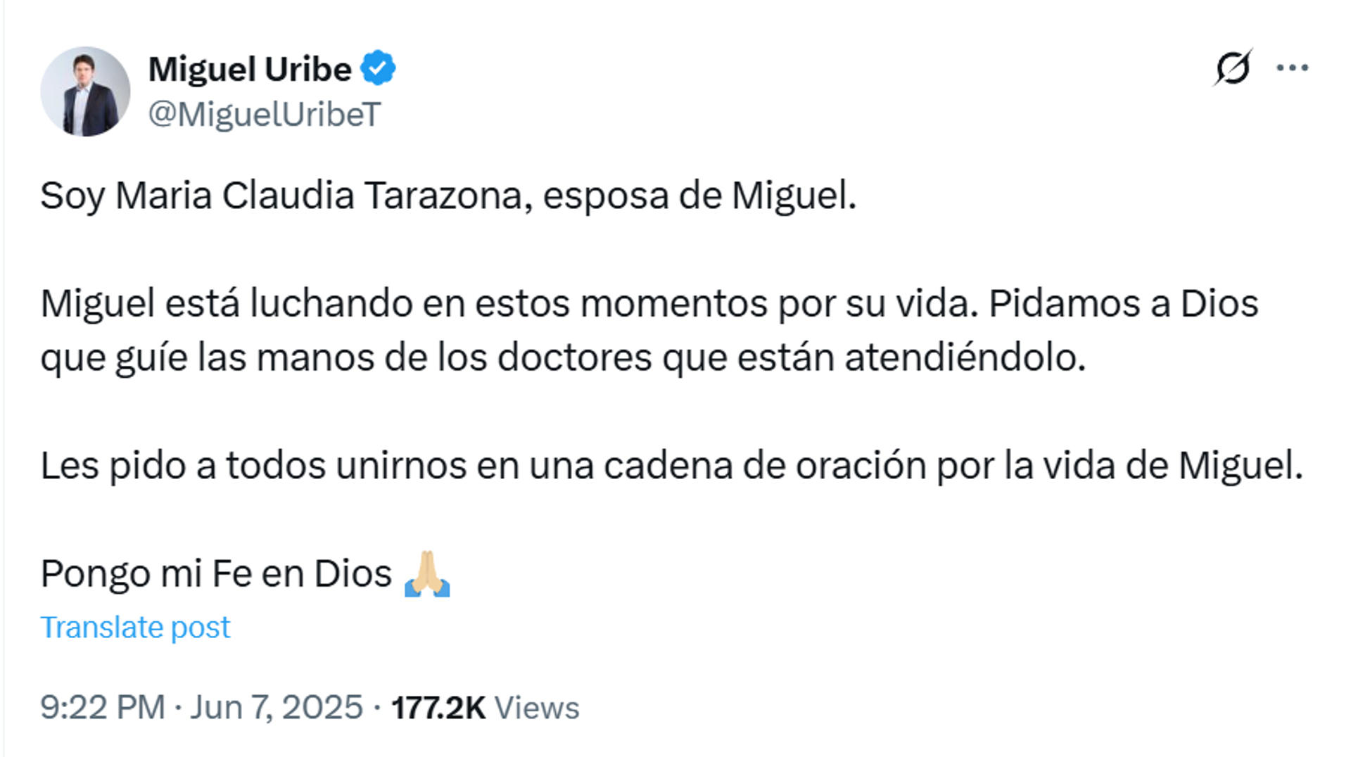 Imagen tomada de la cuenta oficial de la red social X del senador colombiano Miguel Uribe Turbay (@MiguelUribeT) EFE/ @migueluribet