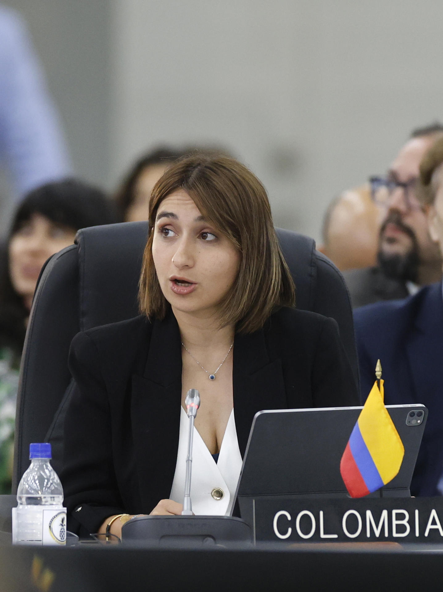 La ministra de Relaciones Exteriores de Colombia, Laura Sarabia, habla durante la 55ª Asamblea General de la OEA este 26 de junio de 2025, en Saint John’s (Antigua y Barbuda). EFE/ Bienvenido Velasco