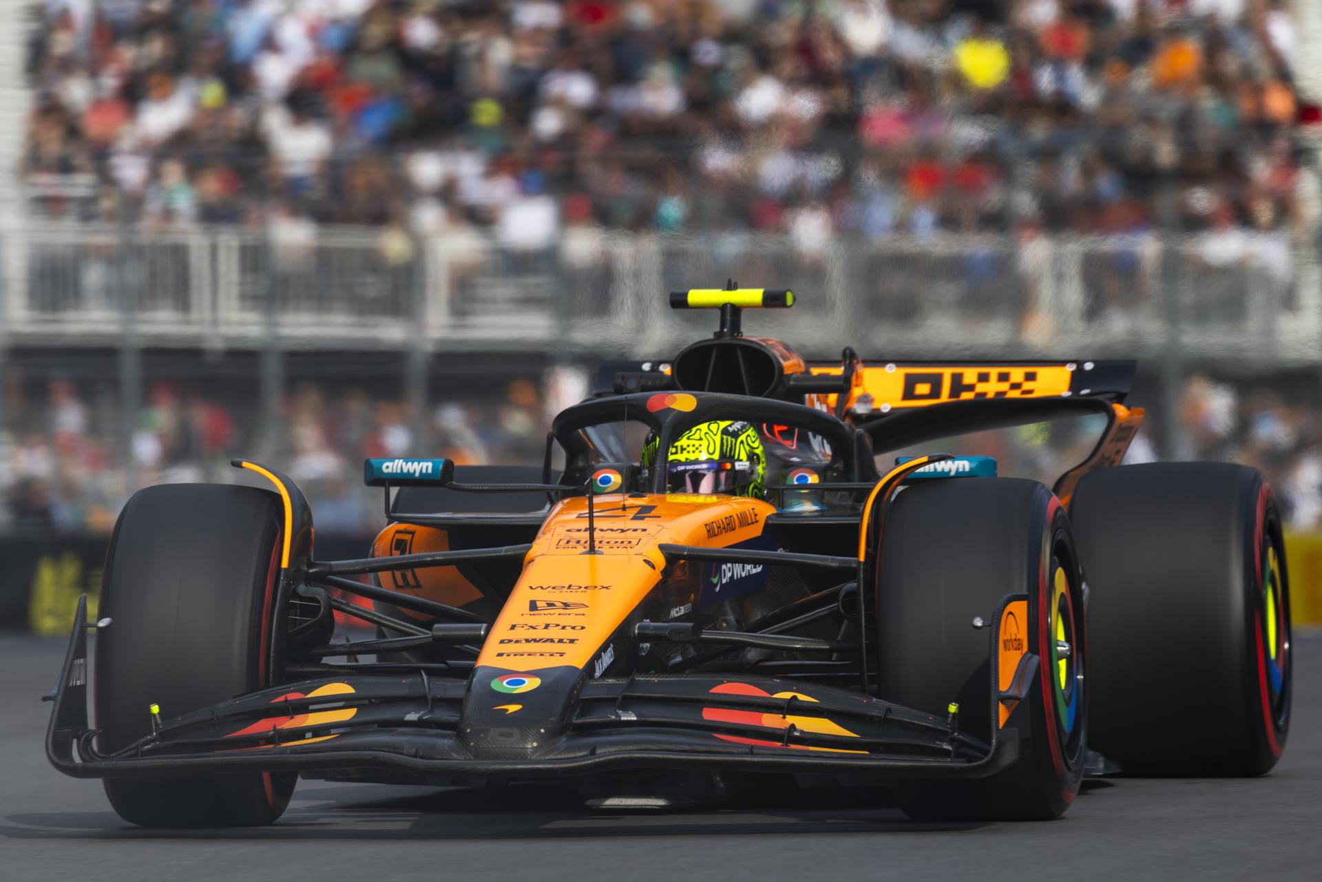 MONTREAL (Canada), 14/06/2025.- El inglés Lando Norris (McLaren), que marcó el segundo tiempo del día, durante los entrenamientos libres para el Gran Premio de Canadá, el décimo del Mundial de Fórmula Uno, en el circuito Gilles Villeneuve de Montreal. EFE/EPA/SHAWN THEW