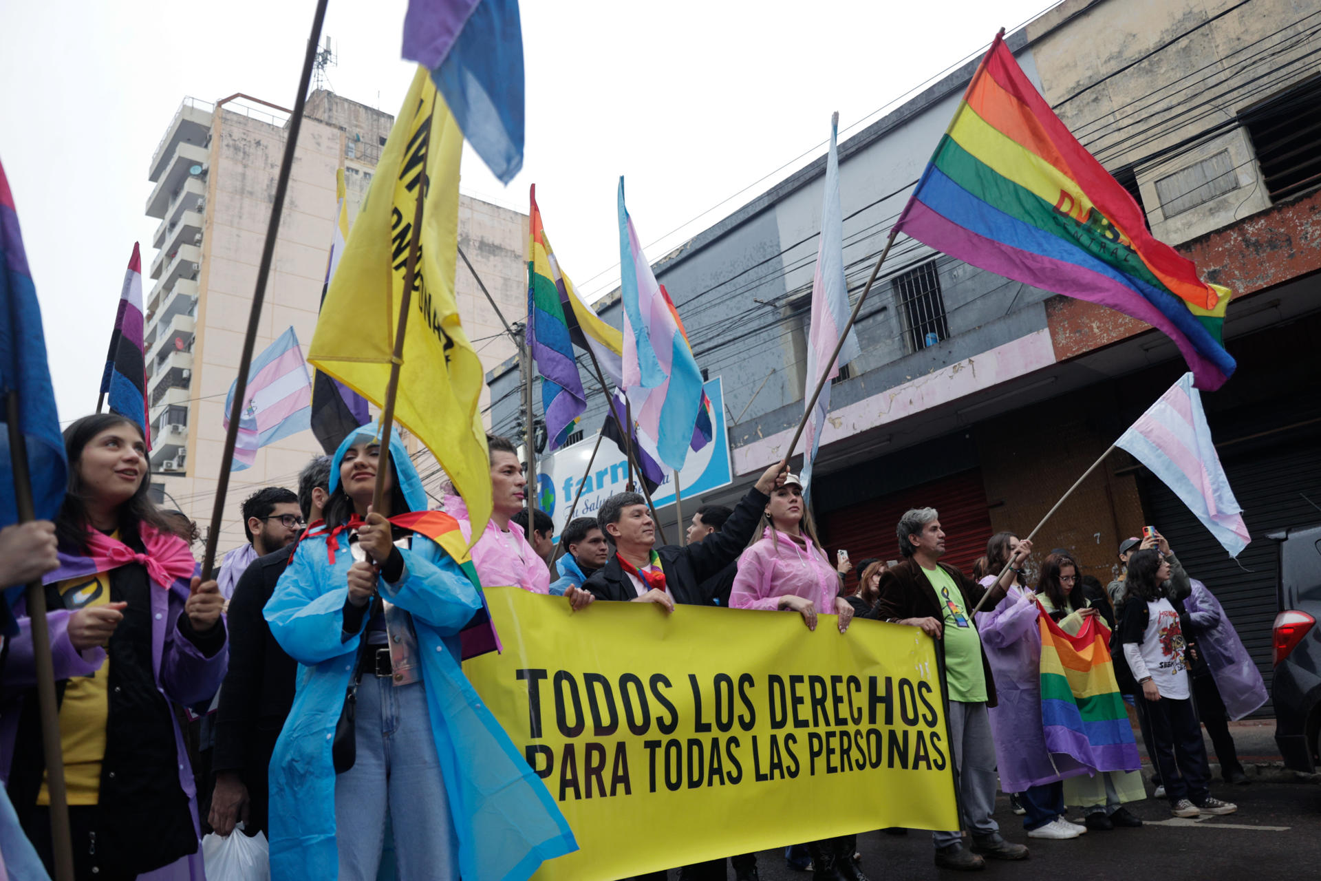 Personas participan en una marcha por el Día Internacional del Orgullo LGTBI este sábado, en Asunción (Paraguay). EFE/ Juan Pablo Pino