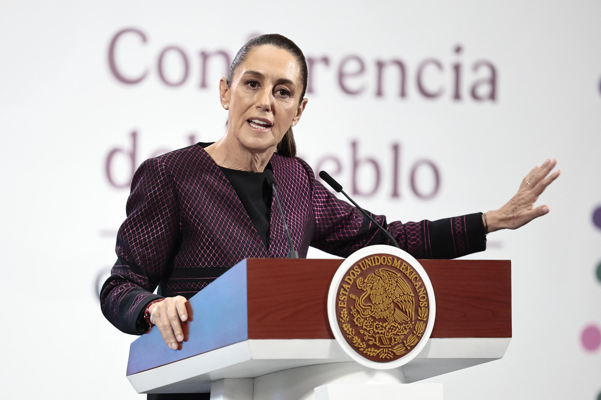 La presidenta de México, Claudia Sheinbaum, habla durante una rueda de prensa este miércoles, en el Palacio Nacional, en Ciudad de México (México). EFE/ José Méndez