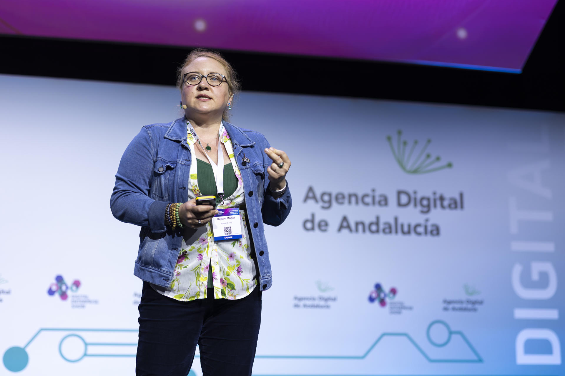 Margaret Mitchell, founder of Google's AI ethics tech and Hugging Face's ethic Director, speaks on the second day of the IX Digital Enterprise Show (DES) taking place in Malaga, Spain, 11 June 2025. DES is a global expo & congress, with over 300 exhibiting companies and 450 world's TOP speakers and experts at the Digital Business World Congress EFE/Carlos Díaz.