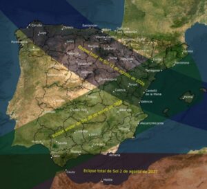 España se prepara ya para los históricos eclipses de sol que se van a suceder durante los próximos tres años, dos de ellos totales (en 2026 y 2027) y uno anular (en 2028). En la imagen se ven sombreadas las zonas de totalidad y de anularidad de cada uno de ellos en España. Imagen: Instituto Geográfico Nacional/MInisterio de Transportes.