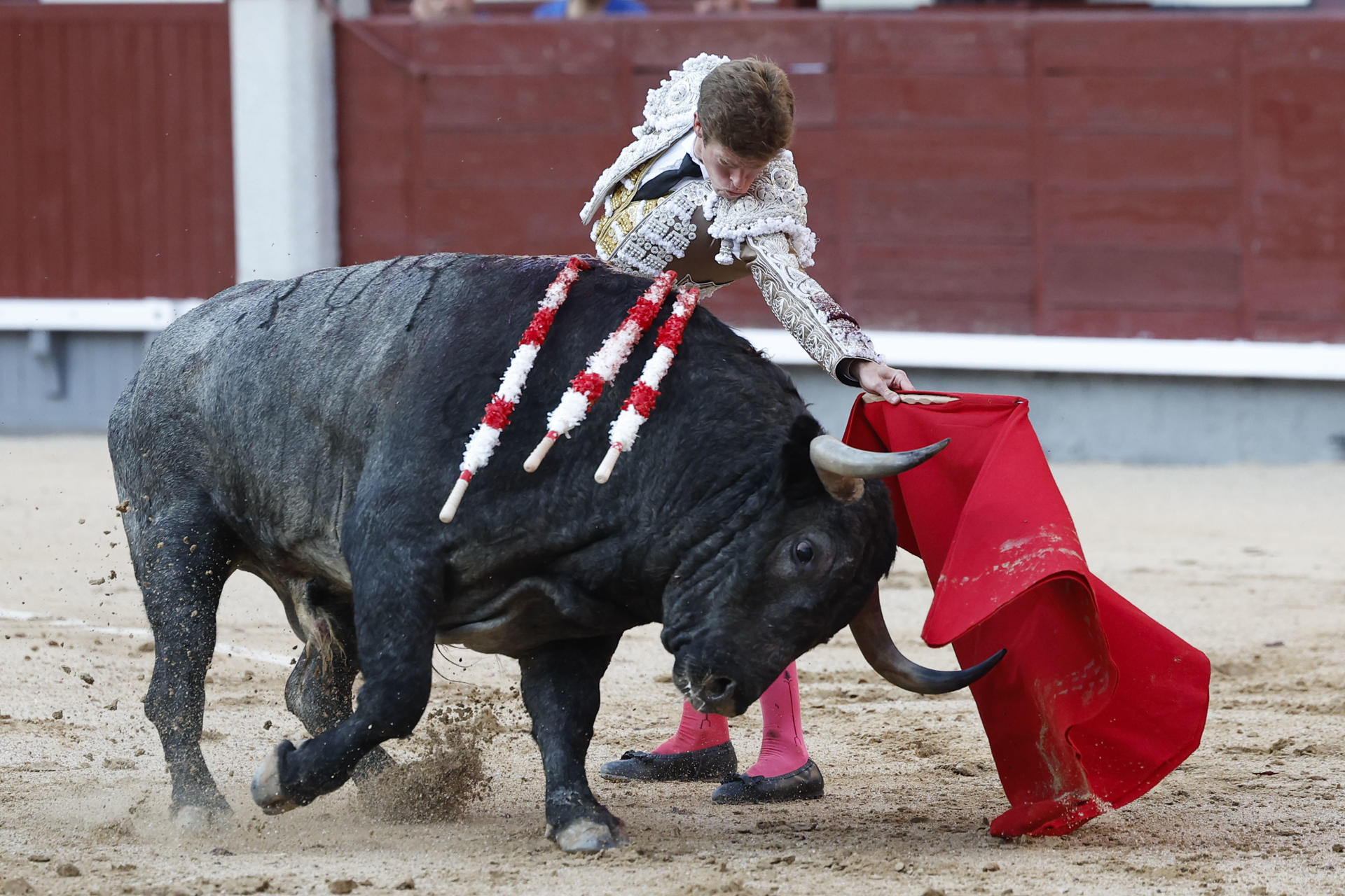 El diestro Borja Jiménez da un pase con la muleta al segundo de los de su lote, durante la corrida en memoria de Victorino Martín celebrada este domingo en la plaza de toros de Las Ventas, en Madrid. EFE/Chema Moya