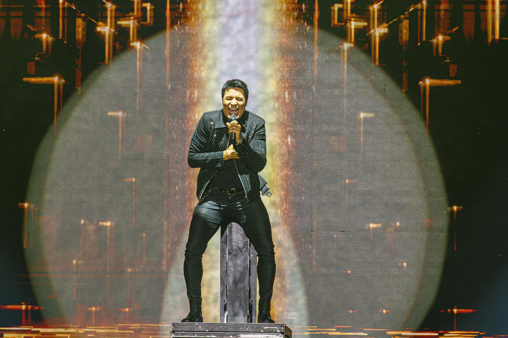 El cantante y compositor portorriqueño Chayanne durante el concierto que ofrece este viernes en Zaragoza, dentro de su gira "Bailemos otra vez". EFE/JAVIER BELVER