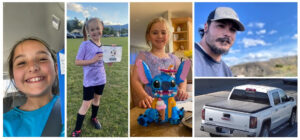 Combo de fotografías cedidas este martes, 3 de junio, por el Departamento de Policía de Wenatchee (WA, EE.UU.) donde aparecen Paityn Decker (i), de 9 años; Evelyn Decker (c), de 8 años; Olivia Decker, de 5 años; y su padre, Travis Decker, junto a su camioneta, donde la policía encontró los cadáveres de las tres menores. EFE/Departamento de Policía de Wenatchee