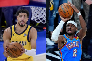 Combo de fotografías de Tyrese Haliburton de Indiana Pacers (i) y Shai-Gilgeous Alexander de Oklahoma City Thunder. EFE/Manuela Soldi/Brian Spurlock ARCHIVO