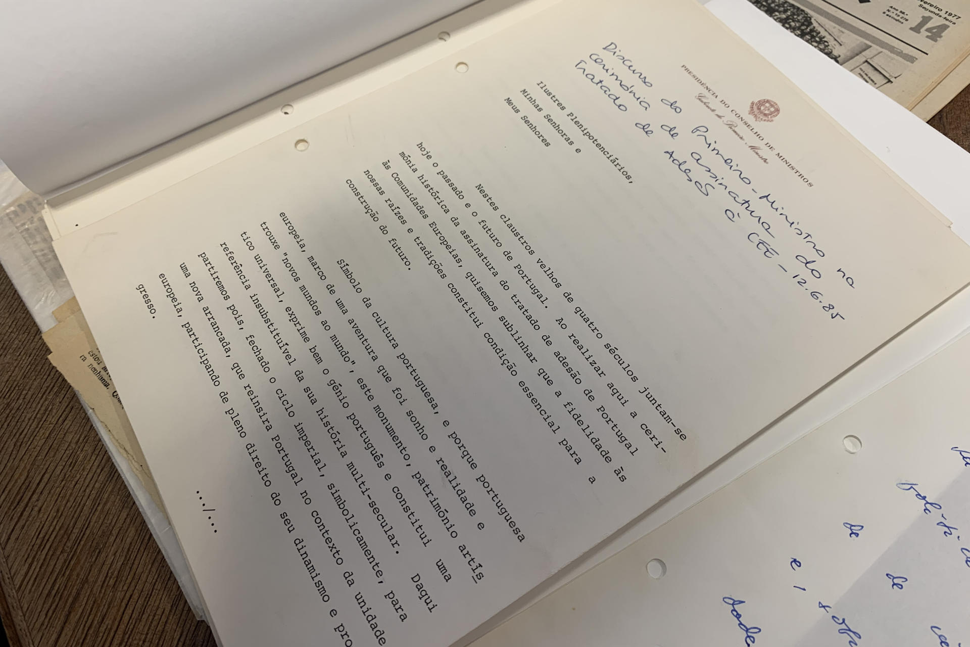 Copia del discurso que dio Mário Soares el 12 de junio de 1985 en el lisboeta Monasterio de los Jerónimos con motivo de la firma del Tratado de Adhesión a la CEE, y se conserva en la Fundación Mário Soares e Maria Barroso de Lisboa. EFE/ Carlota Ciudad