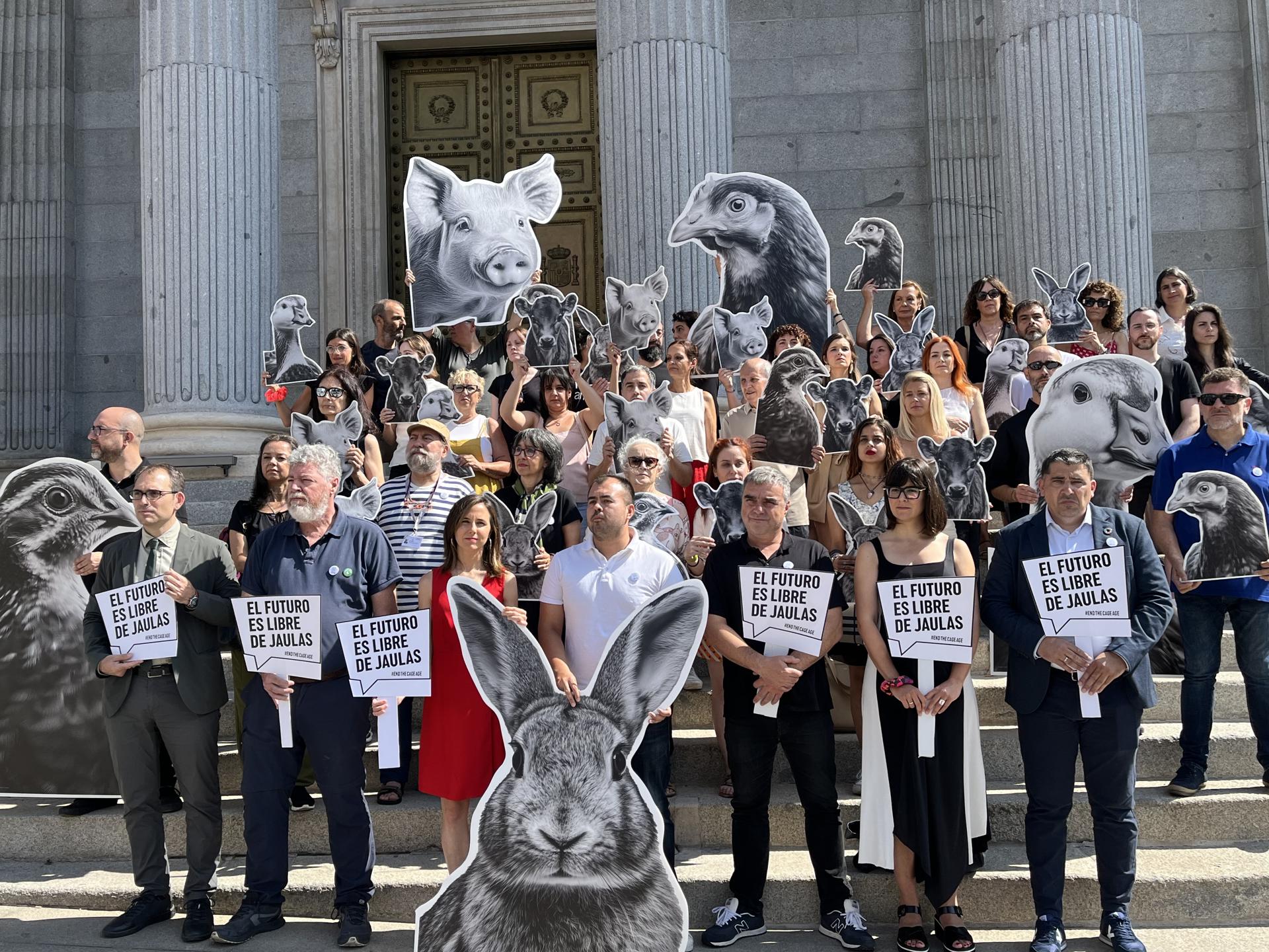 Miembros de varias organizaciones animalistas se han concentrado este miércoles frente al Congreso de los Diputados para exigir el fin de las jaulas en las granjas de la Unión Europea reclamando que la Comisión Europea cumpla "su compromiso" de prohibir progresivamente este sistema de cría. EFE/Lucía Pereda