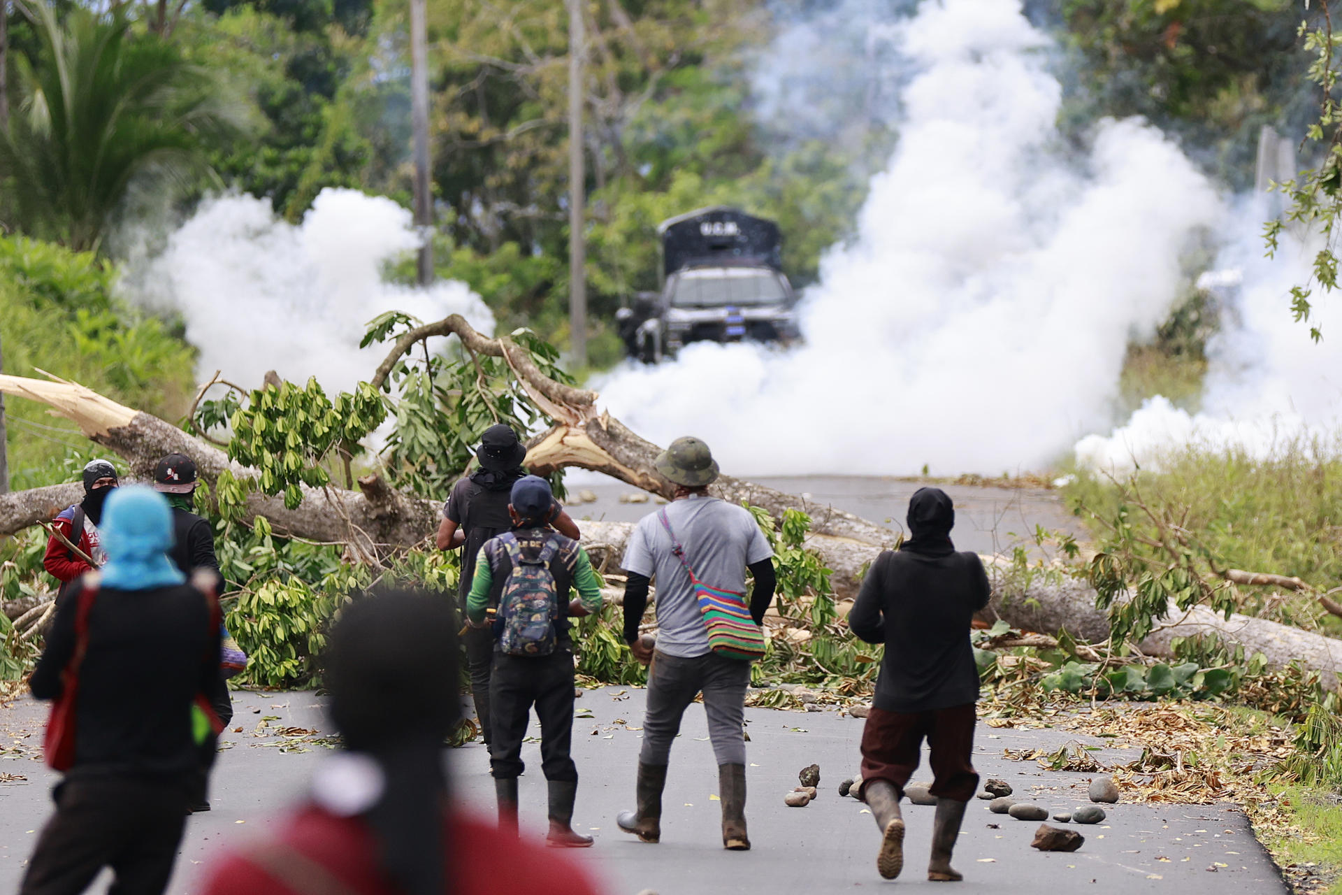 Un manifestante se enfrenta con agentes de la Unidad de Control de Multitudes (UCM) este 18 de junio de 2025, en Valle de Agua Abajo en la provincia de Bocas del Toro (Panamá). EFE/ Bienvenido Velasco