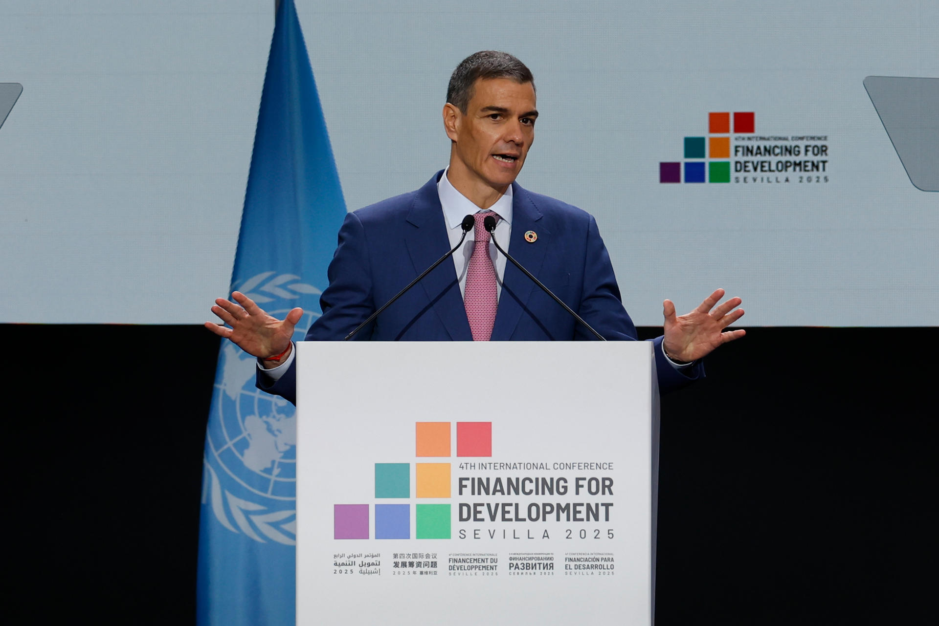 El presidente del Gobierno, Pedro Sánchez interviene en la IV Conferencia Internacional de la ONU sobre Financiación para el Desarrollo, este lunes en Sevilla. EFE/UN Photo/Mariscal/SOLO USO EDITORIAL/SOLO DISPONIBLE PARA ILUSTRAR LA NOTICIA QUE ACOMPAÑA (CRÉDITO OBLIGATORIO)