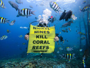 RAJA AMPAT (Indonesia), 12/06/2025.- Un miembro de Greenpeace Indonesia sostiene una pancarta que reza "Las minas de níquel destruyen los arrecifes de coral" en el Geoparque Mundial de la UNESCO de Raja Ampat, Papúa Occidental, Indonesia, el 3 de mayo de 2025. EFE/ Melkyas Sianyar/greenpeace SOLO USO EDITORIAL/SOLO DISPONIBLE PARA ILUSTRAR LA NOTICIA QUE ACOMPAÑA (CRÉDITO OBLIGATORIO)