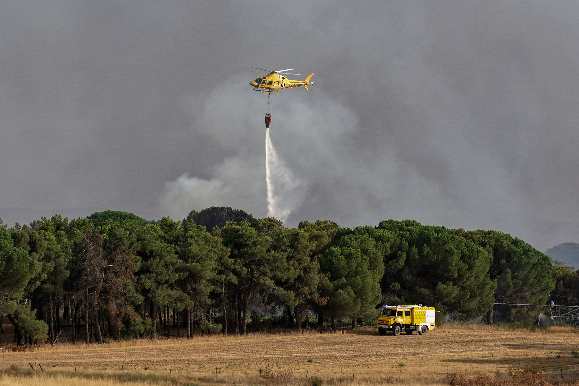 Un hidroavión descarga agua sobre un incendio forestal, en una imagen de archivo. EFE/Raúl Sanchidrián