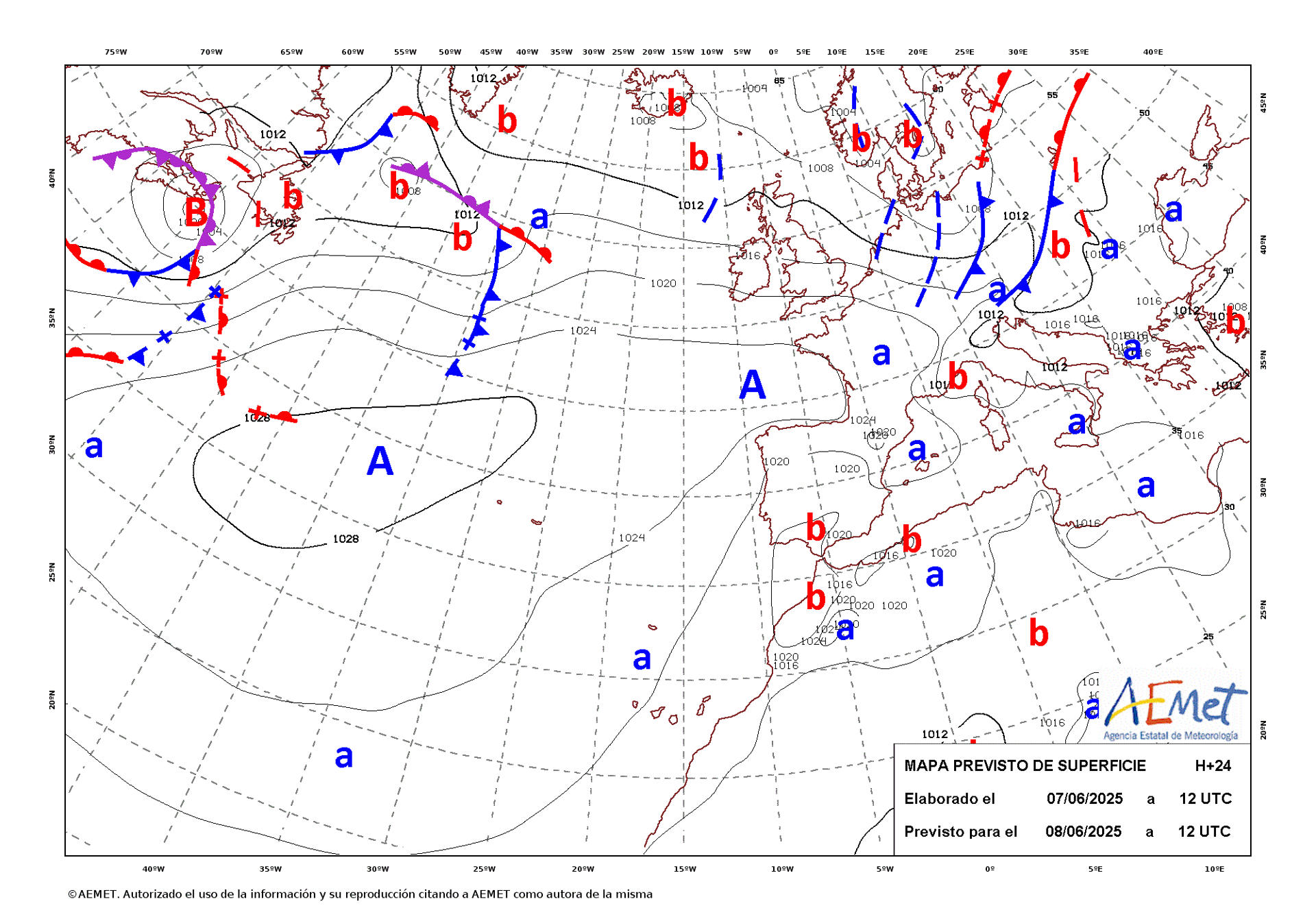 Mapa de isobaras facilitado por la Aemet previsto para el 08/06/2025. EFE *****SOLO USO EDITORIAL/SOLO DISPONIBLE PARA ILUSTRAR LA NOTICIA QUE ACOMPAÑA (CRÉDITO OBLIGATORIO) *****