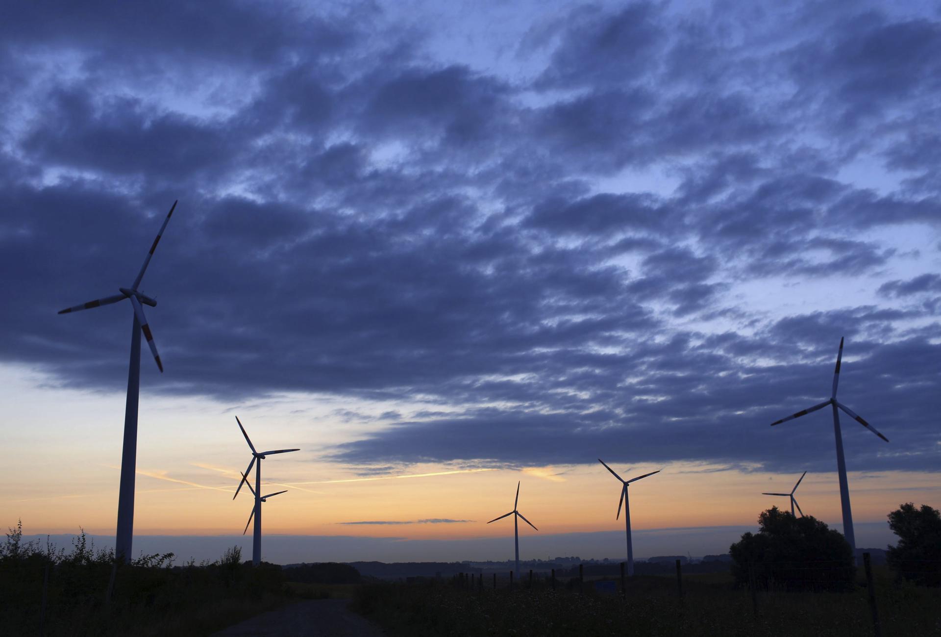 Varios molinos de viento al amanecer en un parque eólico, en una imagen de archivo. EFE/Jens Buettner