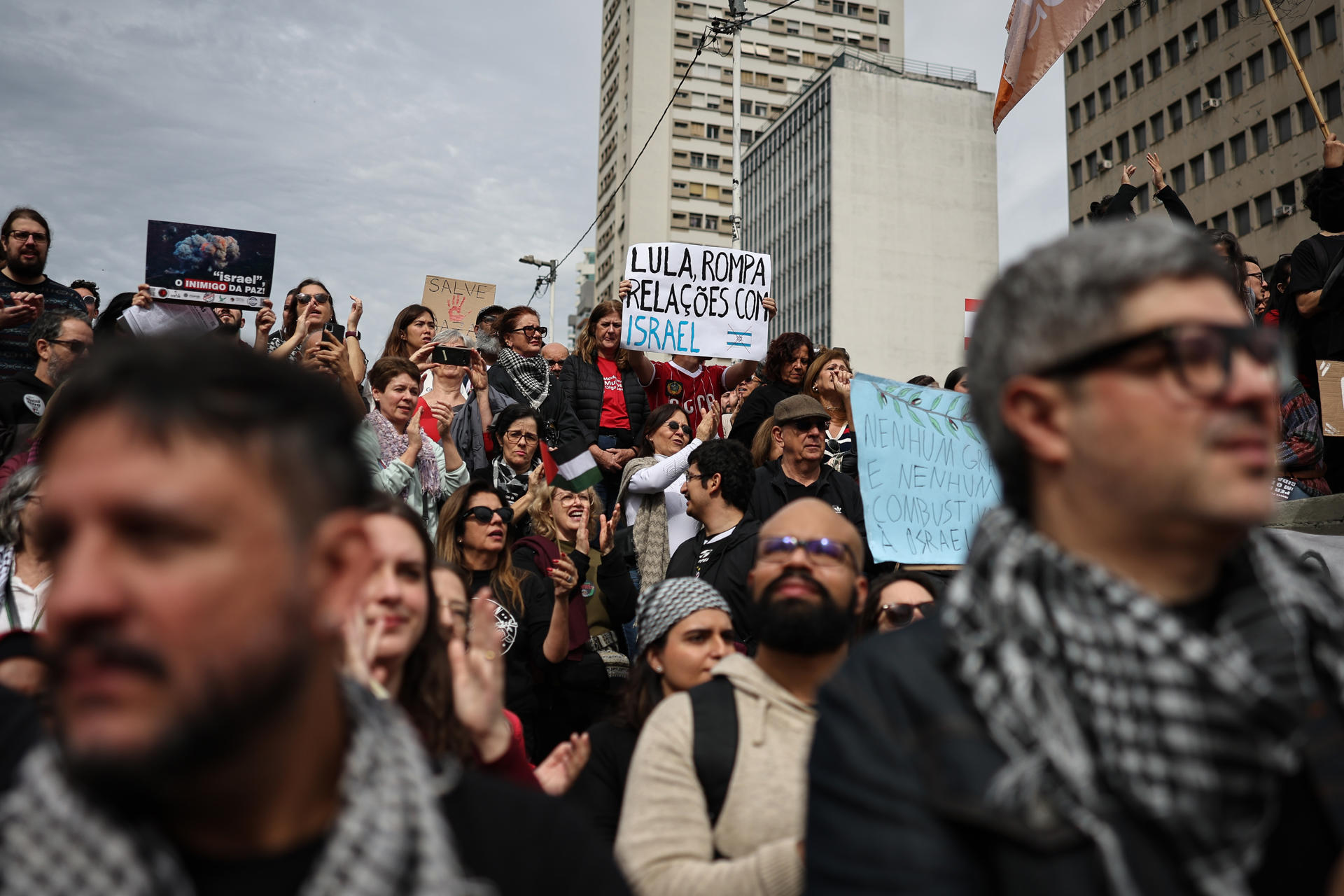 Fotografía de archivo de personas que se manifiestan durante una protesta a favor del pueblo palestino en São Paulo (Brasil). Liderados por Thiago Ávila, uno de los activistas de la Flotilla de la Libertad. EFE/ Isaac Fontana