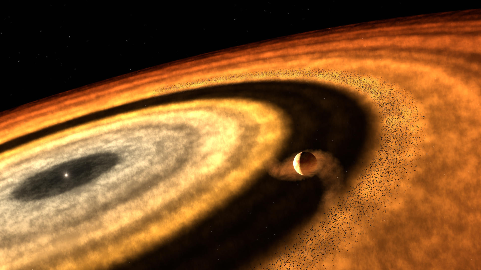Representación artística que muestra la etapa en la que WASP-121b acumuló la mayor parte de su gas, según se deduce de los últimos resultados. La ilustración sugiere que el planeta en formación había despejado su órbita distante de guijarros sólidos, que almacenaban agua en forma de hielo. Como resultado, el hueco impidió que otros guijarros llegaran al planeta. WASP-121b debió migrar posteriormente desde las frías regiones exteriores hacia el disco interior, donde ahora orbita cerca de su estrella. Fotografía facilitada por T. Müller (MPIA/HdA). EFE