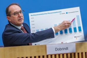 Berlín, 10 jun (EFE).-  El número de extremistas de derecha en Alemania creció en 2024 un 23 %, para alcanzar la cifra de 50.250 individuos, según el informe anual de la Oficina Federal para Protección de la Constitución (servicios secretos alemanes) presentado este martes por el ministro de Interior, Alexander Dobrindt, y el presidente del organismo, Sinan Selen. EFE/EPA/HANNIBAL HANSCHKE