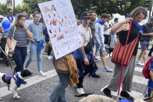 Veterinarios, propietarios de mascotas y ciudadanos han participado este domingo en una marcha por el centro de Santander para protestar contra la normativa de bienestar animal que, a su juicio, supone "barreras" y "cargas burocráticas" que dificultan una tenencia responsable. El Colegio Oficial de Veterinarios de Cantabria convocó esta manifestación bajo el lema 'Veterinarios y familias, unidos por el bienestar animal y la salud pública'. EFE/Pablo Gacía Hermida